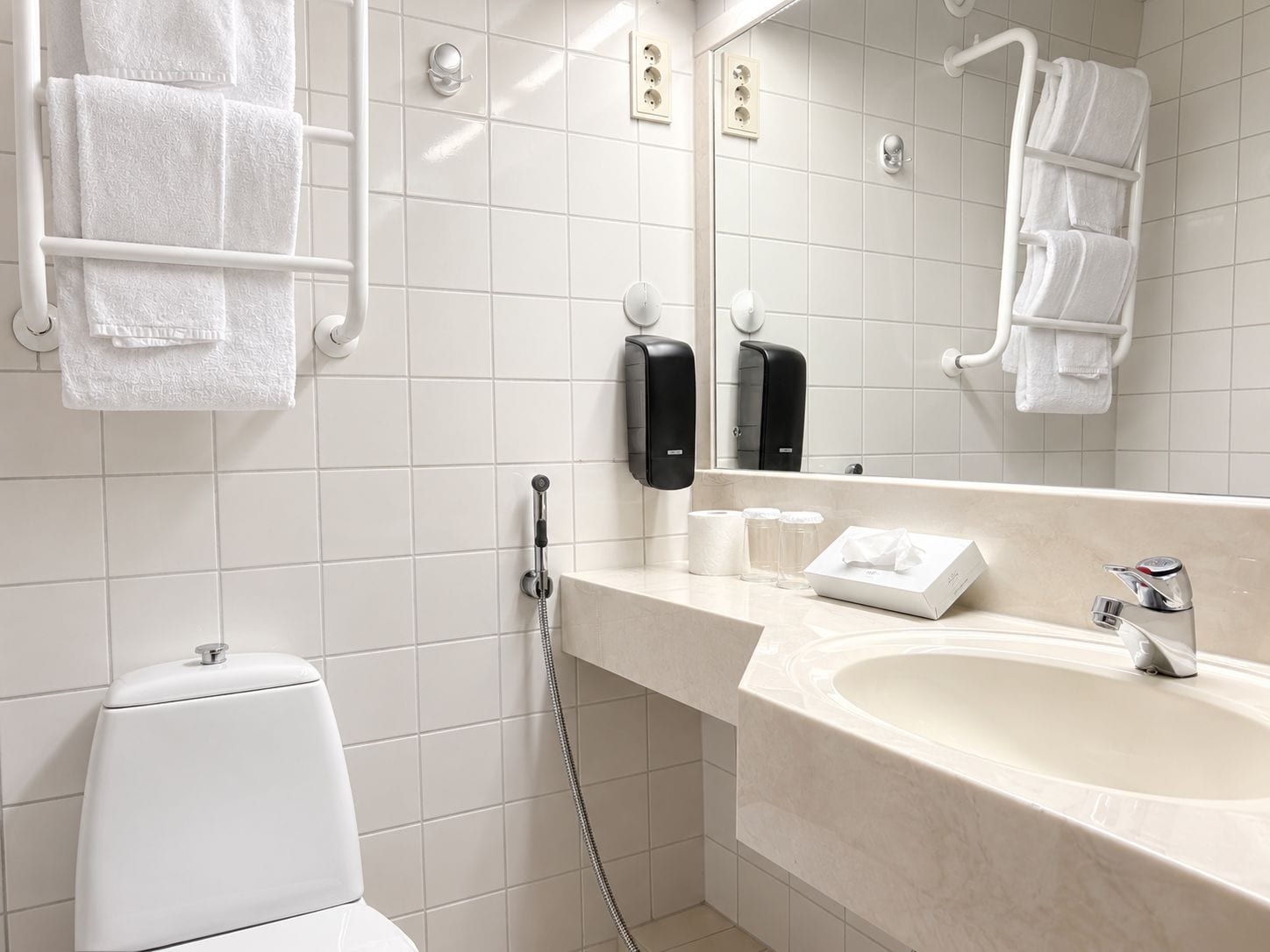 Een badkamer met toilet, wastafel, handdoekhouder en handdroger.
