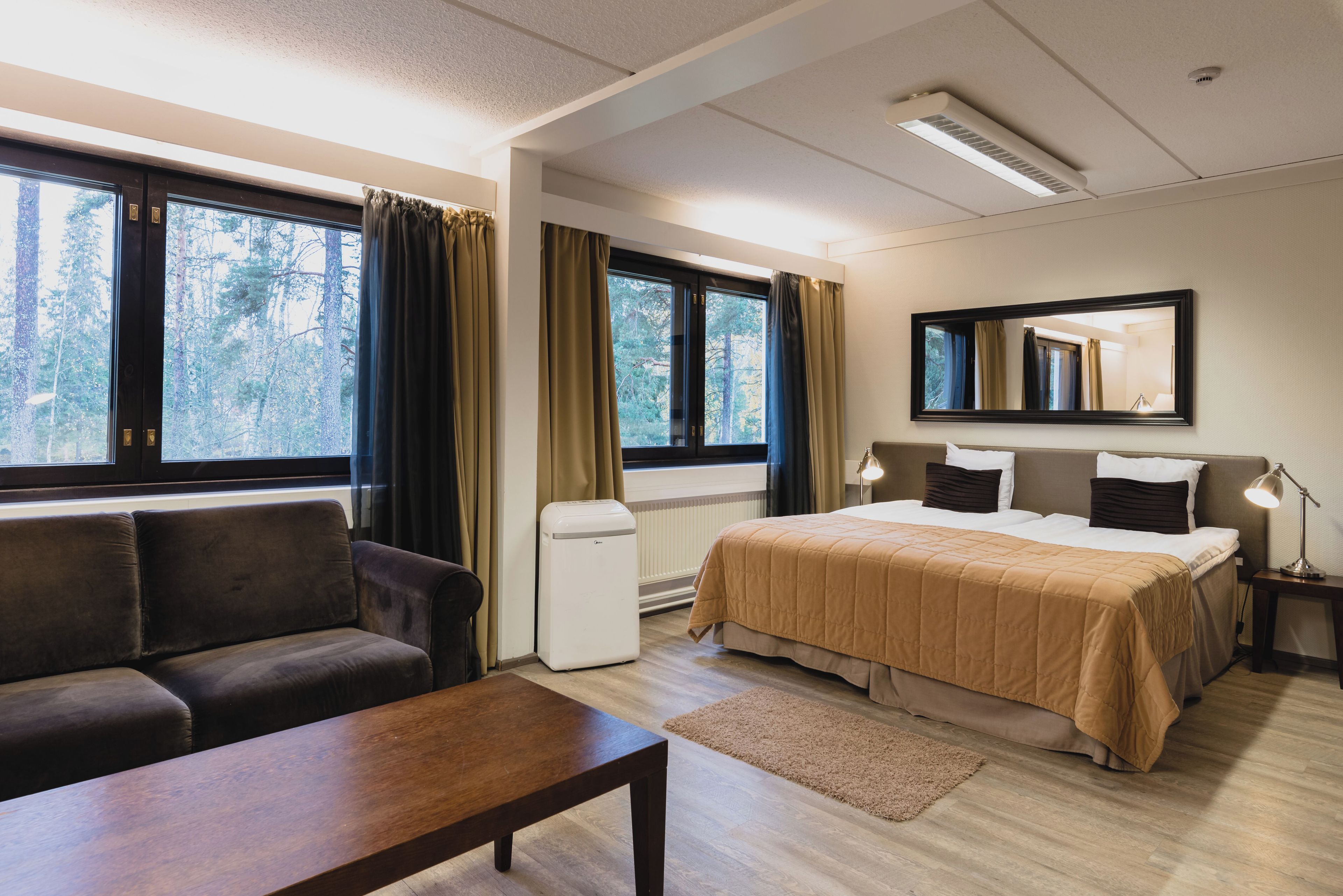 A hotel room with a bed, a sofa, a table, and a radiator.