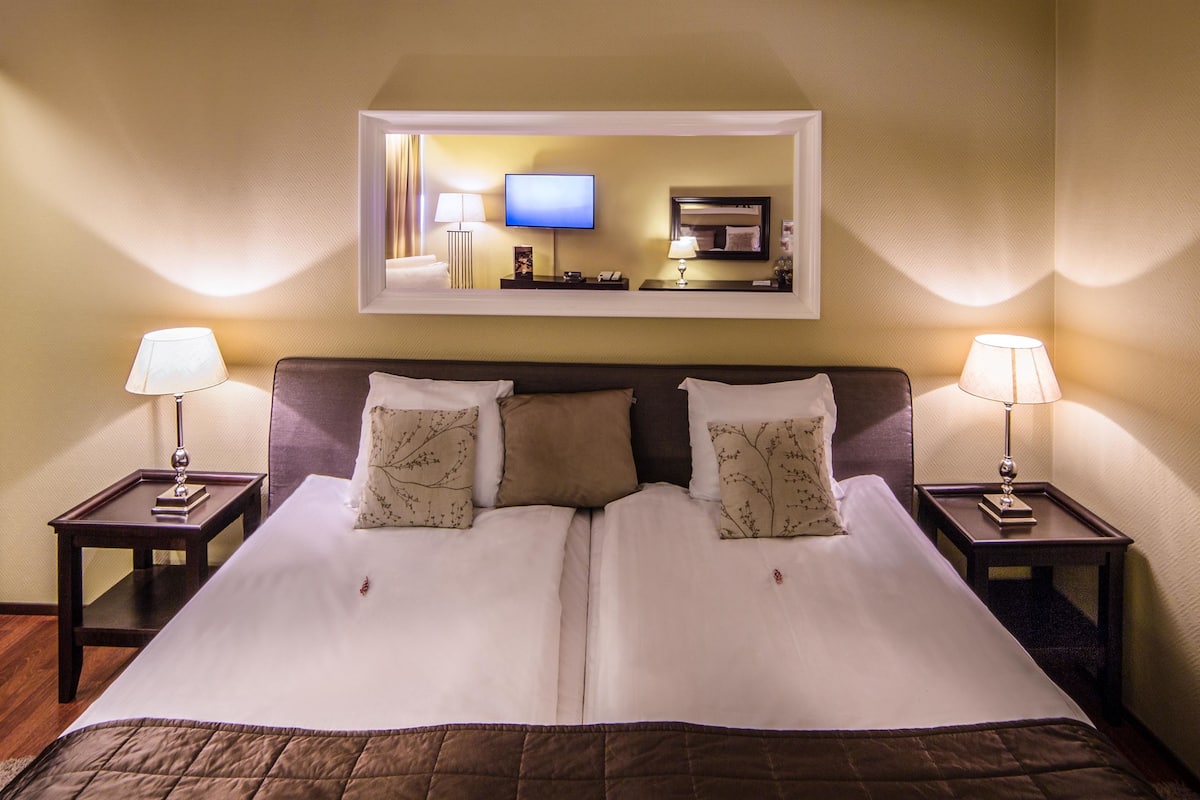 A double bed with a quilt, two bedside tables with lamps, a flat-screen TV, and a mirror above the bed.