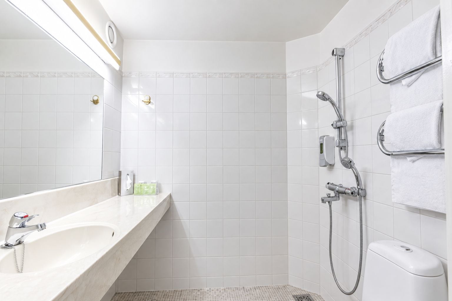 A modern bathroom with a bathtub, a shower with a handheld showerhead, and a toilet.