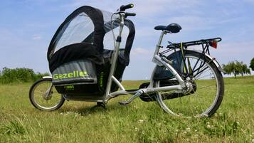 A bicycle with a canopy and a bag labeled "Gazelle" and "Carby" in a grassy field.