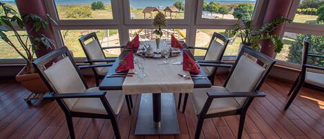 Mesa de comedor para seis personas con sillas, vista al mar y plantas en macetas.