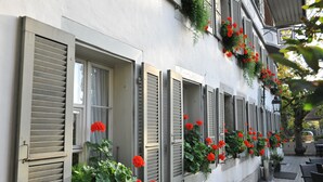 A row of windows with shutters, some open, and red flowers in the window boxes. - SEELANDHOTEL Weisses Kreuz (Lyss)
