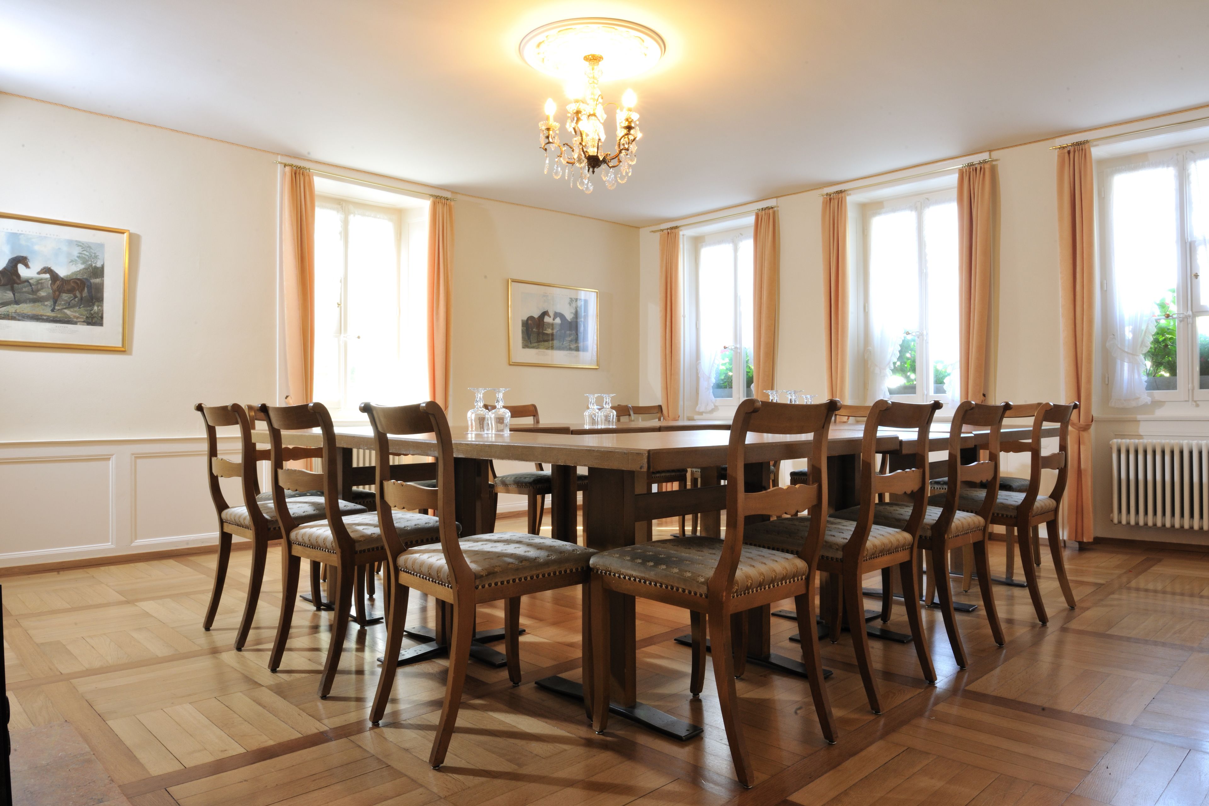 Comedor con una gran mesa de madera y ocho sillas, una araña y ventanas amplias con cortinas.