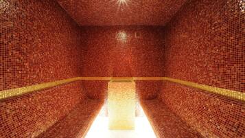 A room with a tiled floor and walls, a central light fixture, and a small window.