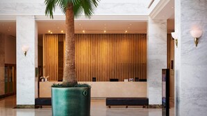 Eine Lobby mit einer Rezeption, einer Palme und einer Bank.