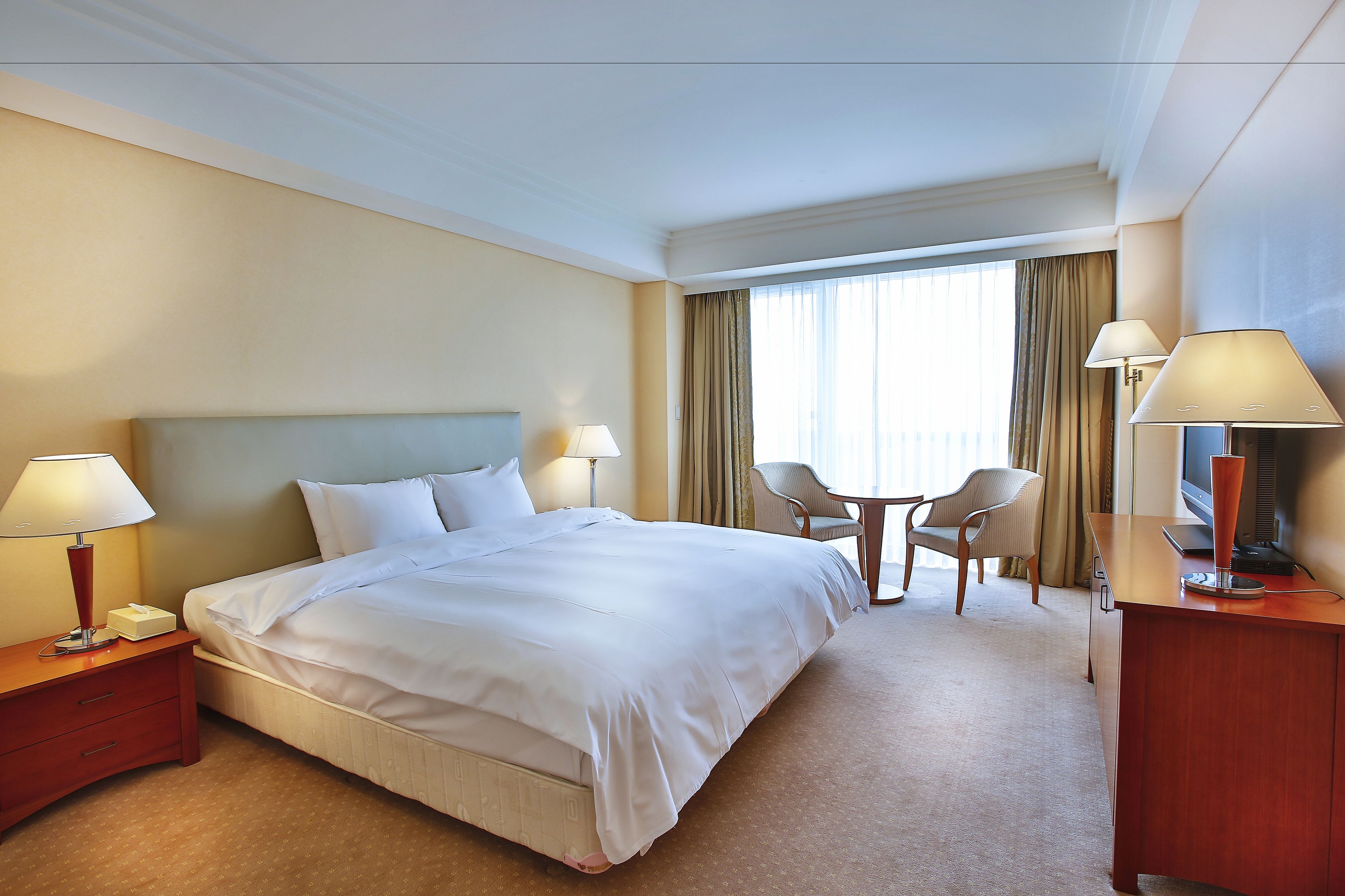 Habitación de hotel con una cama grande, dos mesitas de noche con lámparas, un escritorio con lámpara, una silla y un televisor.