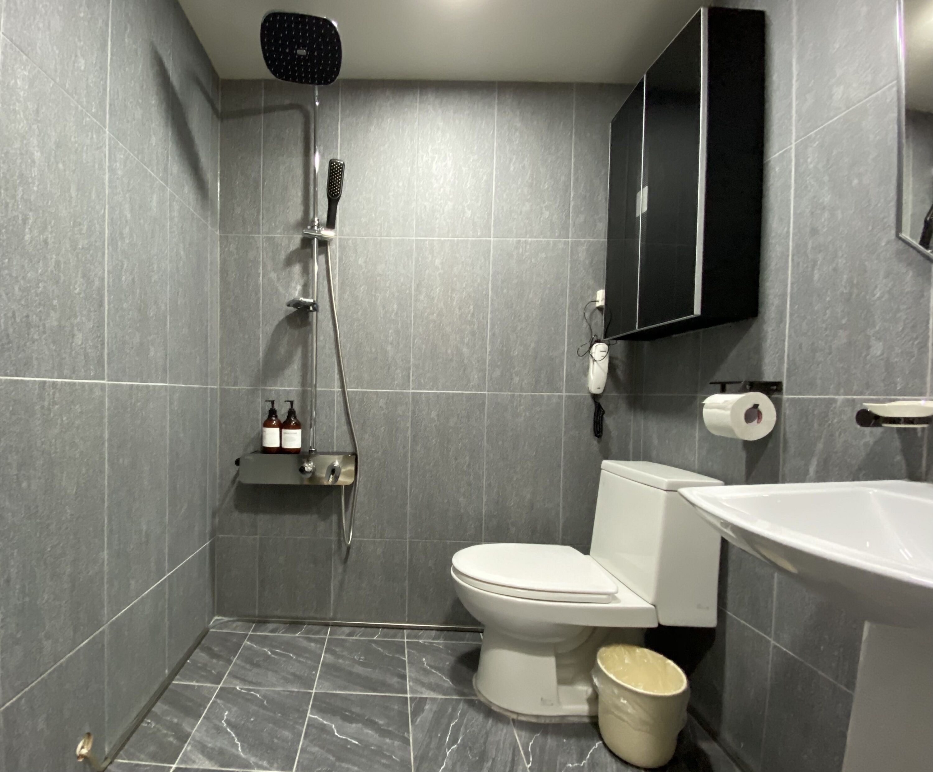 A modern bathroom with grey tiles, a shower, a toilet, a sink, and a mirror.