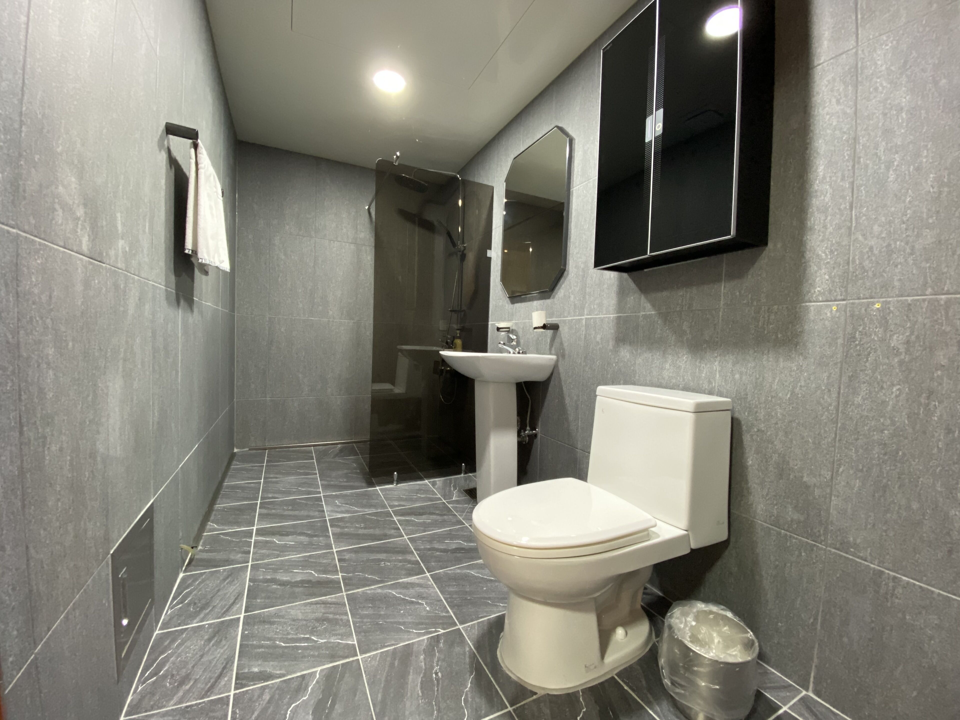 Un baño moderno con inodoro, lavamanos y ducha.