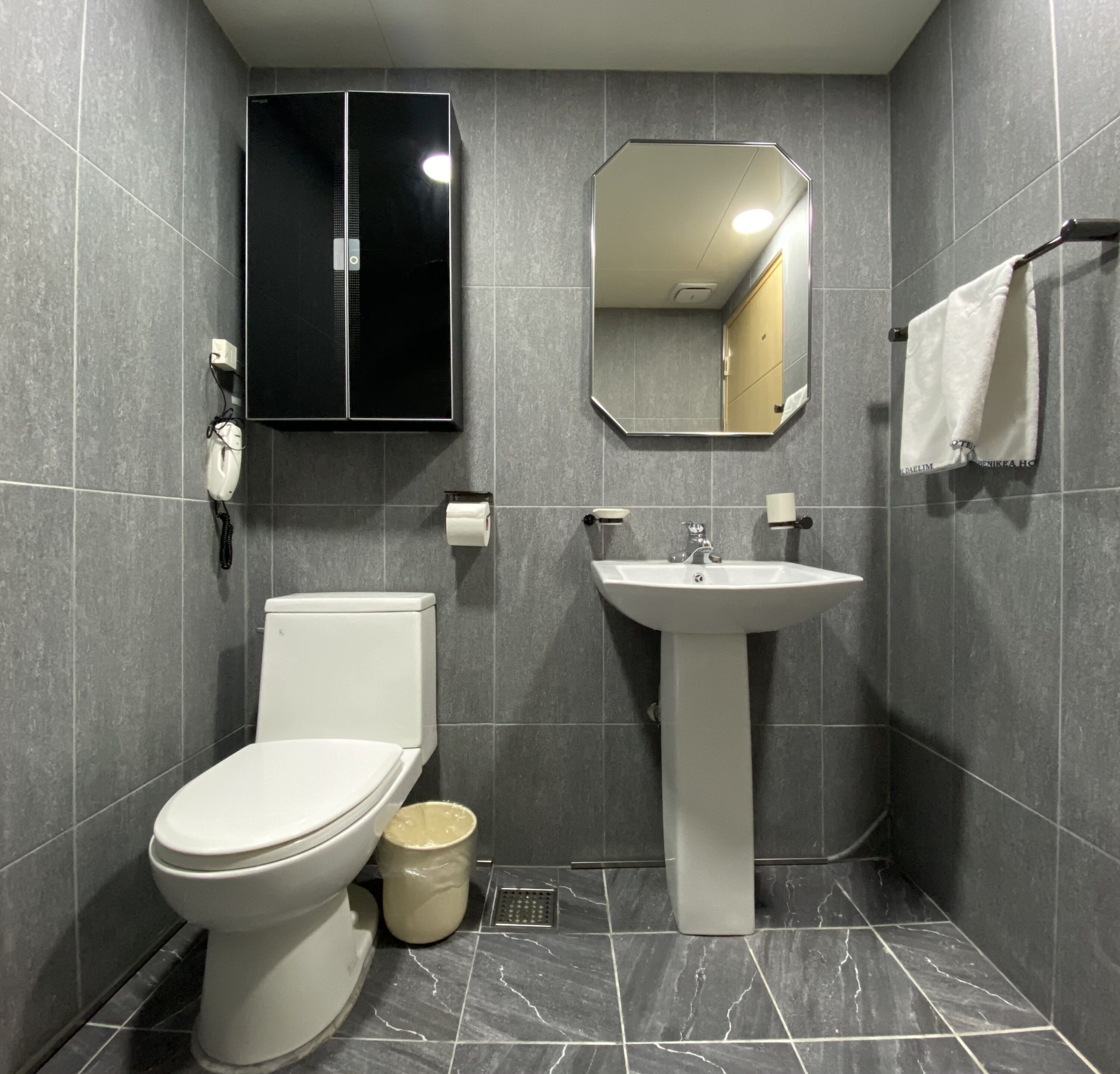 A modern bathroom with a toilet, sink, and mirror.