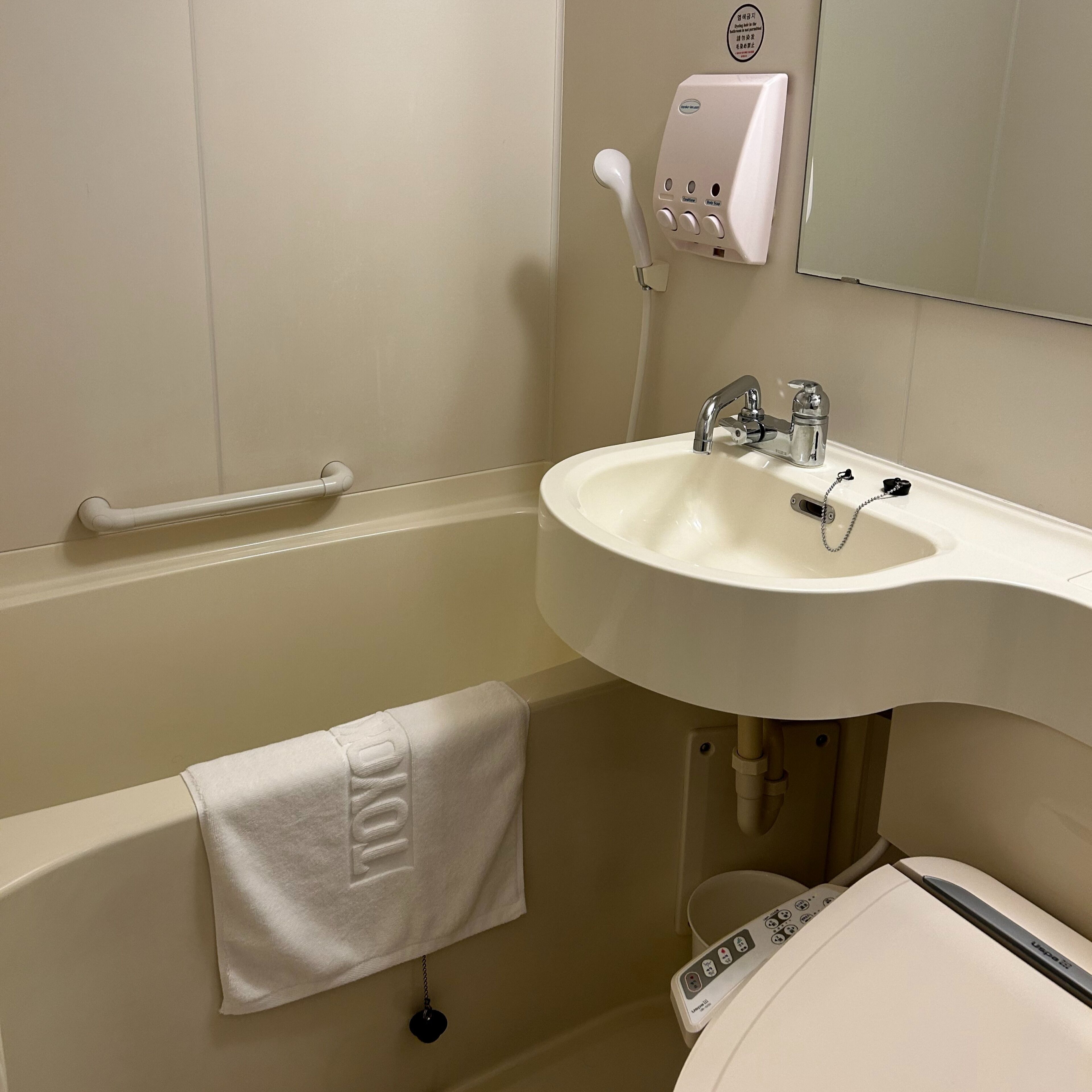 combined shower/bathtub, free toiletries, hair dryer, slippers