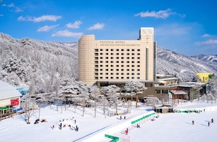 Un hotel de diseño moderno, rodeado de árboles nevados y montañas.