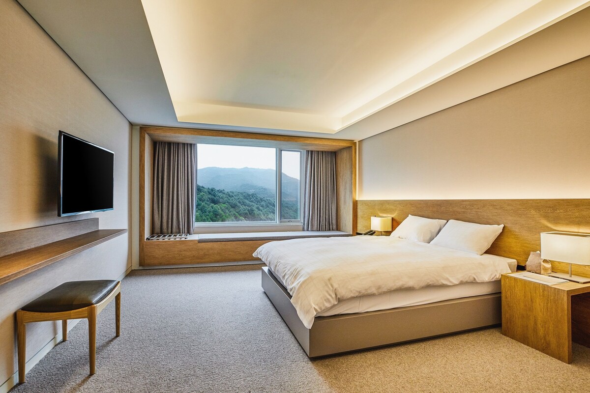 Habitación de hotel con cama, televisión, escritorio y ventana con vistas a las montañas.