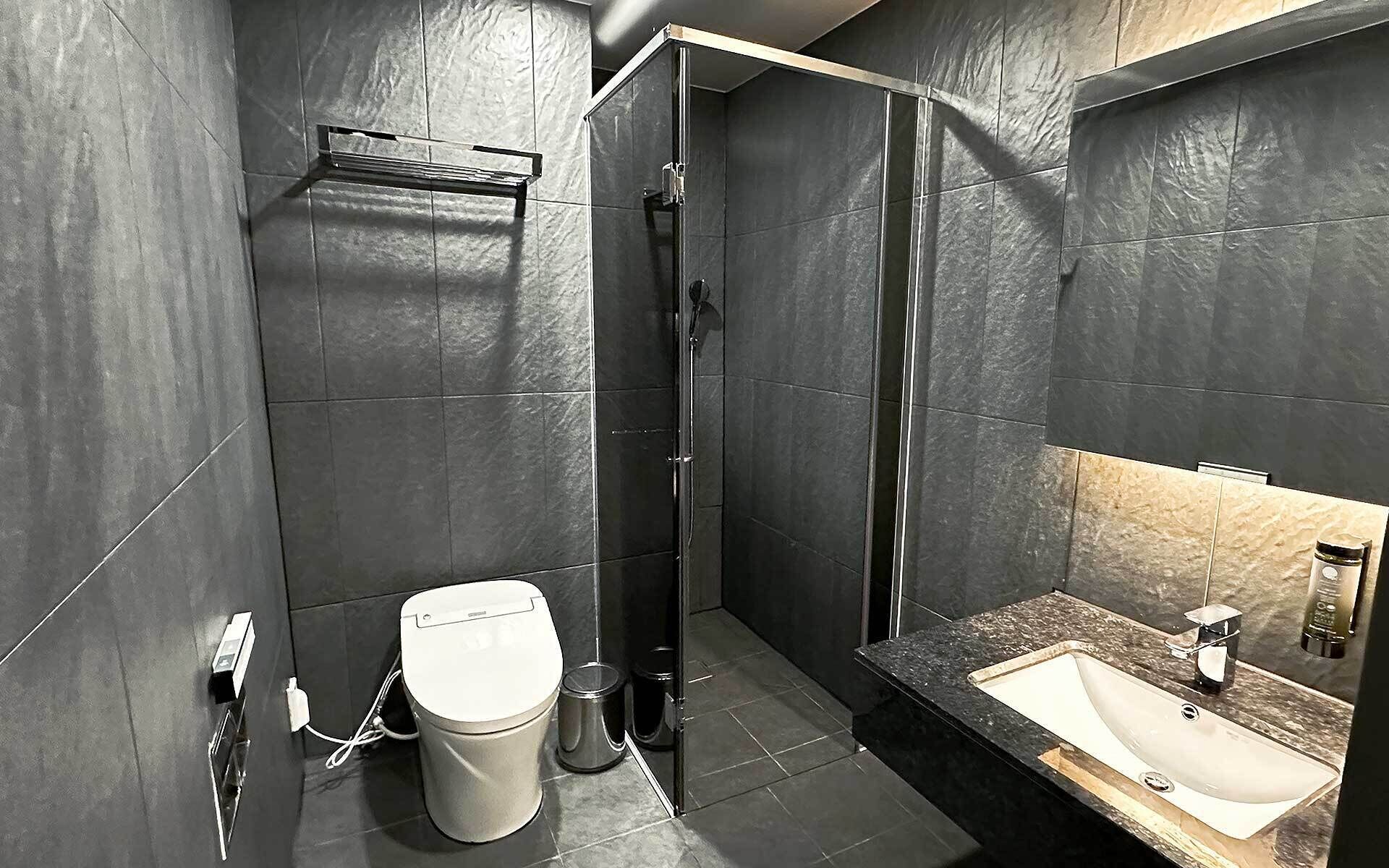 Un baño moderno con inodoro, ducha y lavamanos.