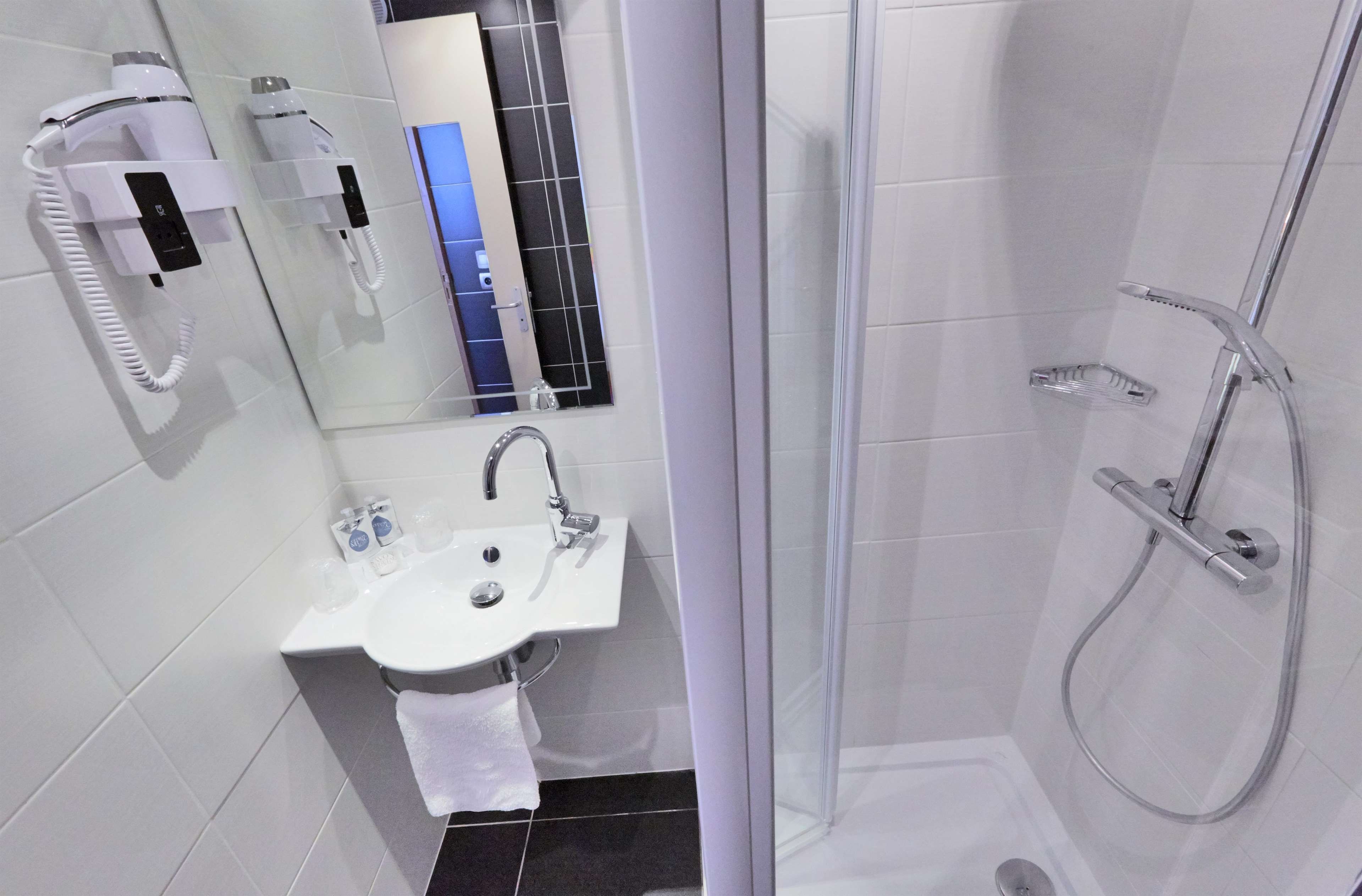 A modern bathroom with a white sink, a mirror, a handheld showerhead, and a toilet paper holder.