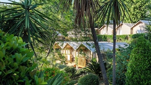 A tropical resort with multiple bungalow-style cabins surrounded by lush greenery and palm trees.