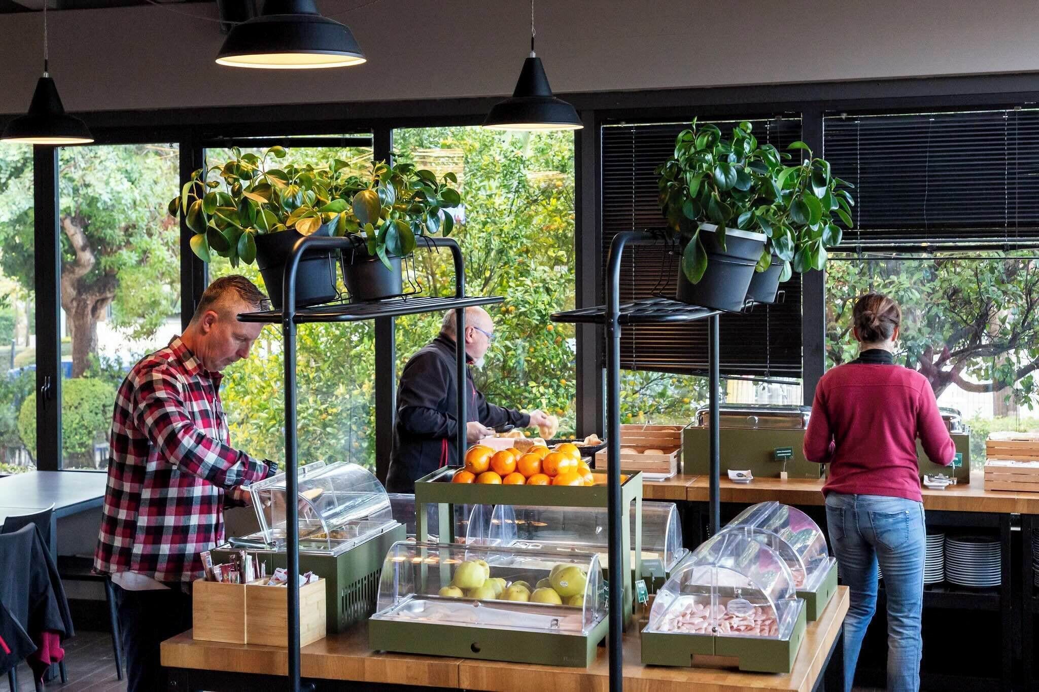 Una barra de desayuno con frutas variadas y una máquina de café, rodeada de amplias ventanas y plantas en macetas.
