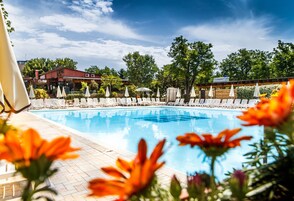 Ein Pool mit Liegestühlen und Sonnenschirmen, umgeben von Bäumen und einem Gebäude mit rotem Dach.