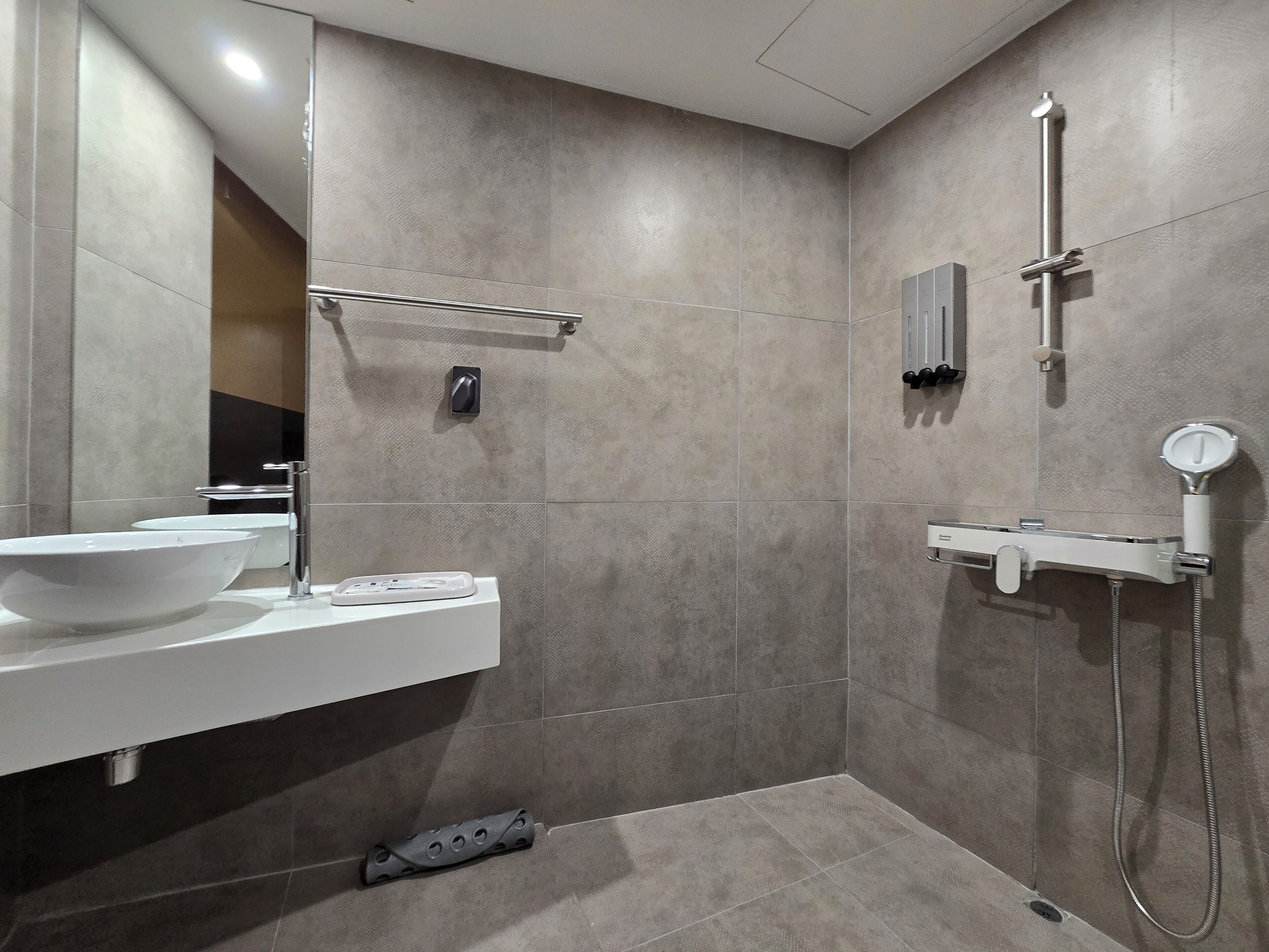 A modern bathroom with a large mirror, a white sink, a handheld showerhead, and a towel rack.