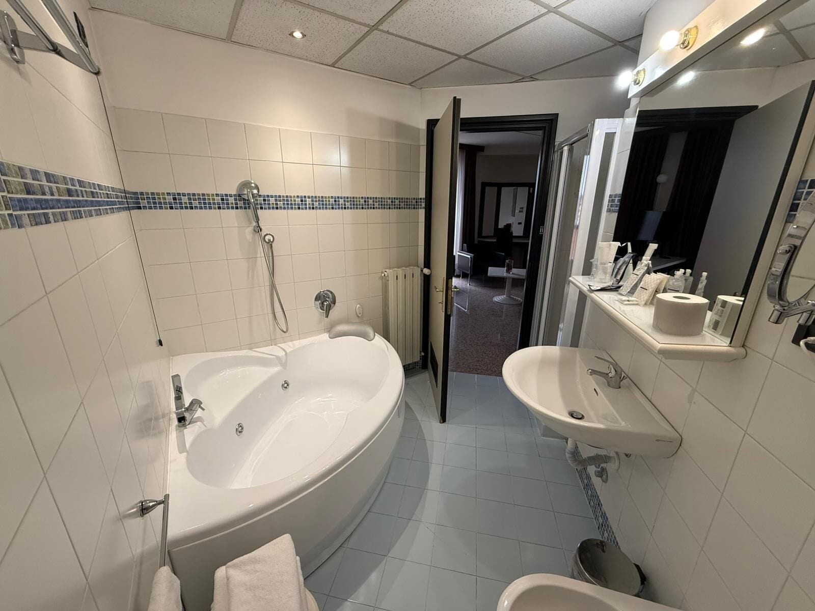 Separate tub and shower, deep soaking tub, rainfall showerhead
