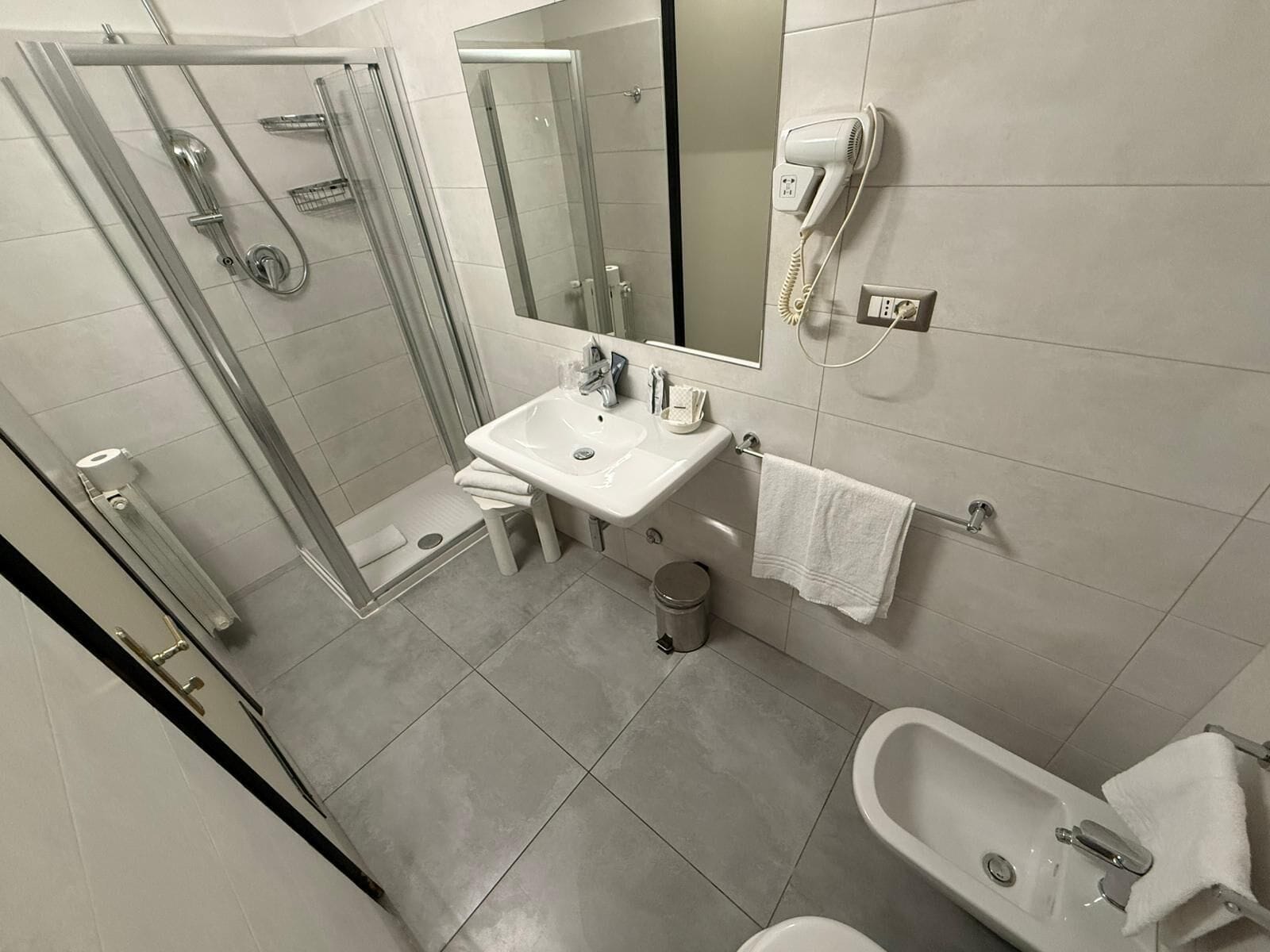 A modern bathroom with a glass shower enclosure, a sink with a mirror, a hairdryer, and a bidet.