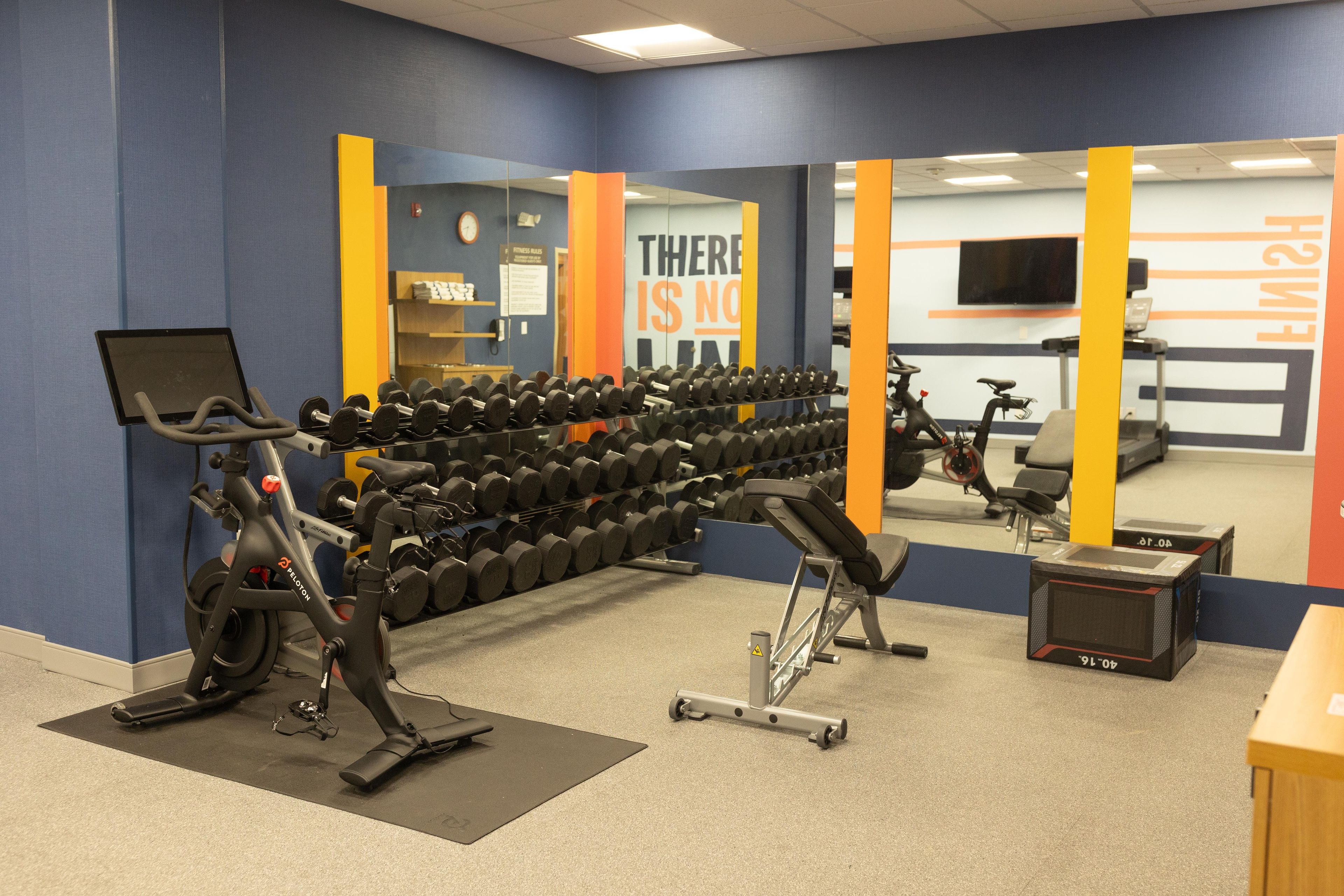 A gym with exercise equipment, including treadmills, dumbbells, and a stationary bike.