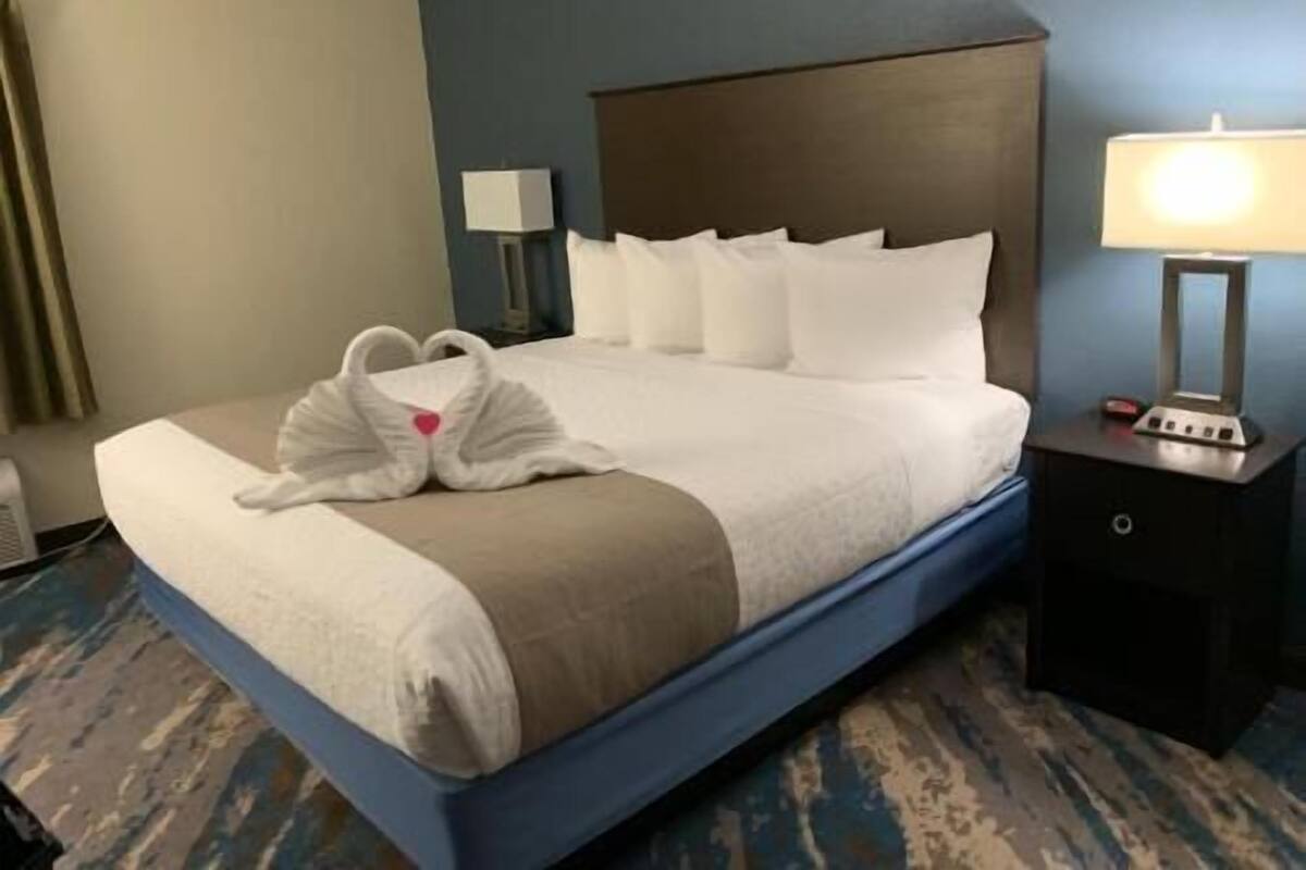 Una habitación de hotel con cama, mesita de noche, lámpara y una toalla decorativa.