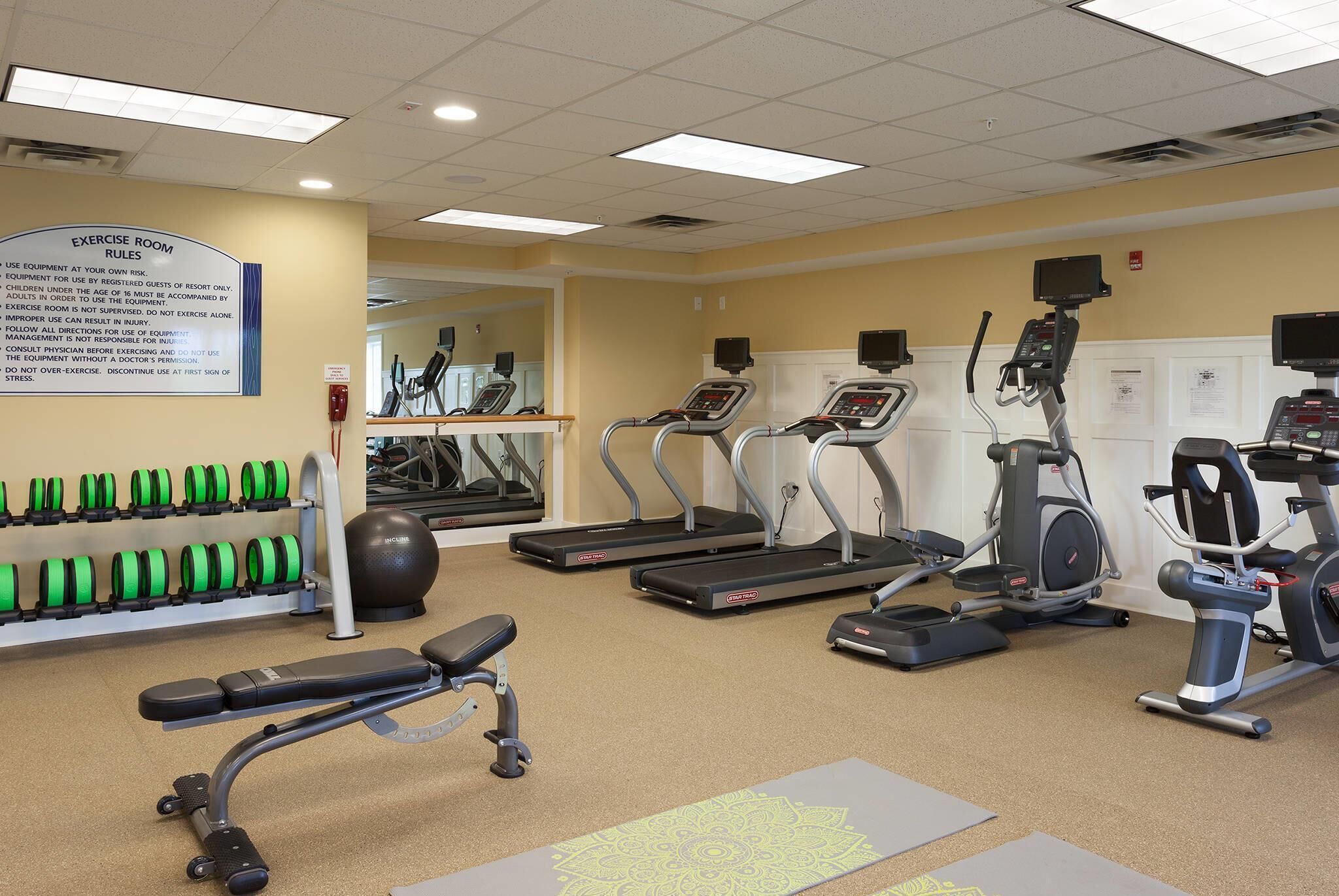 A gym with treadmills, elliptical machines, and free weights.