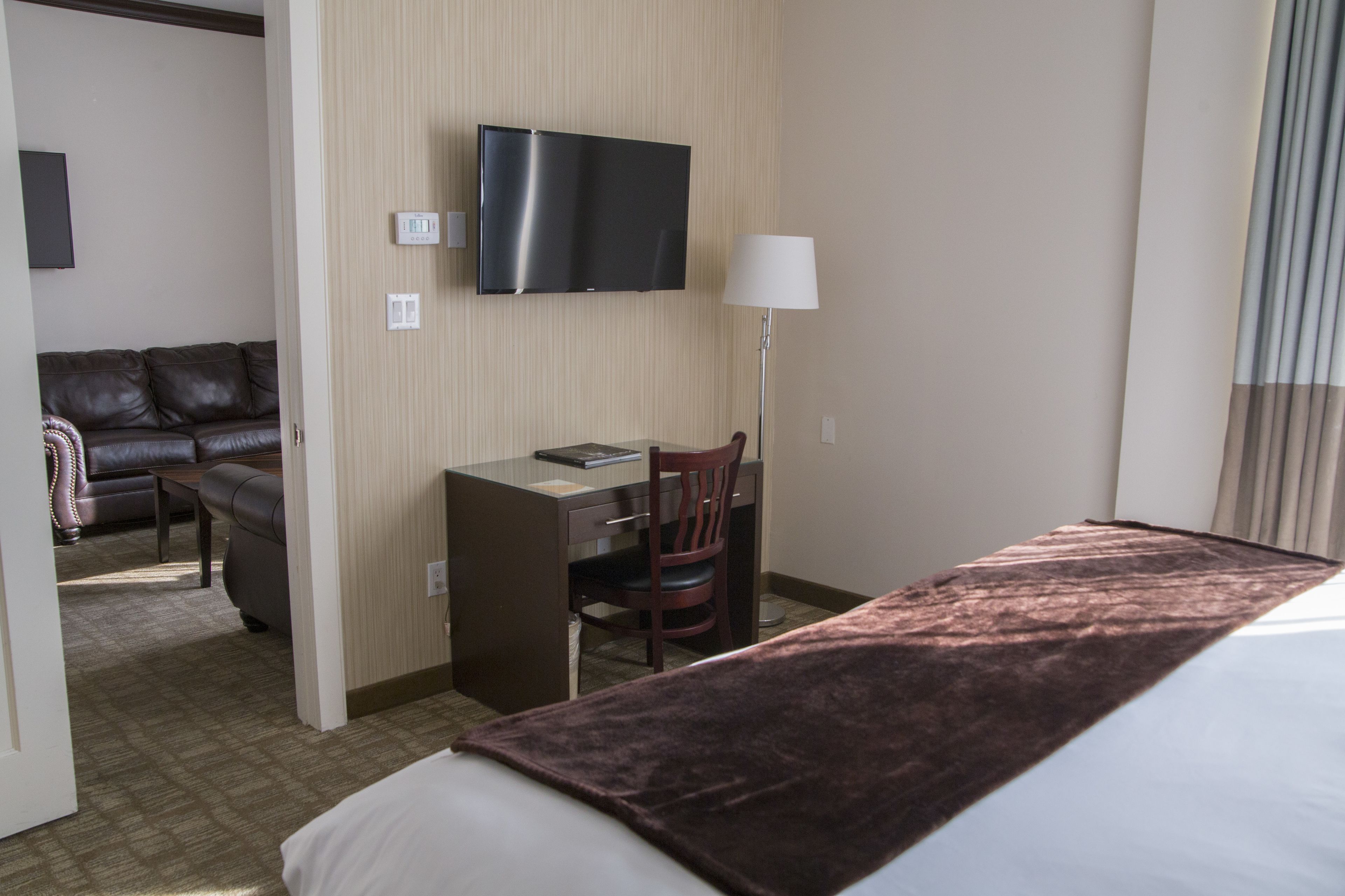 Une chambre d’hôtel avec un lit, un bureau, une chaise, une télévision et un canapé.