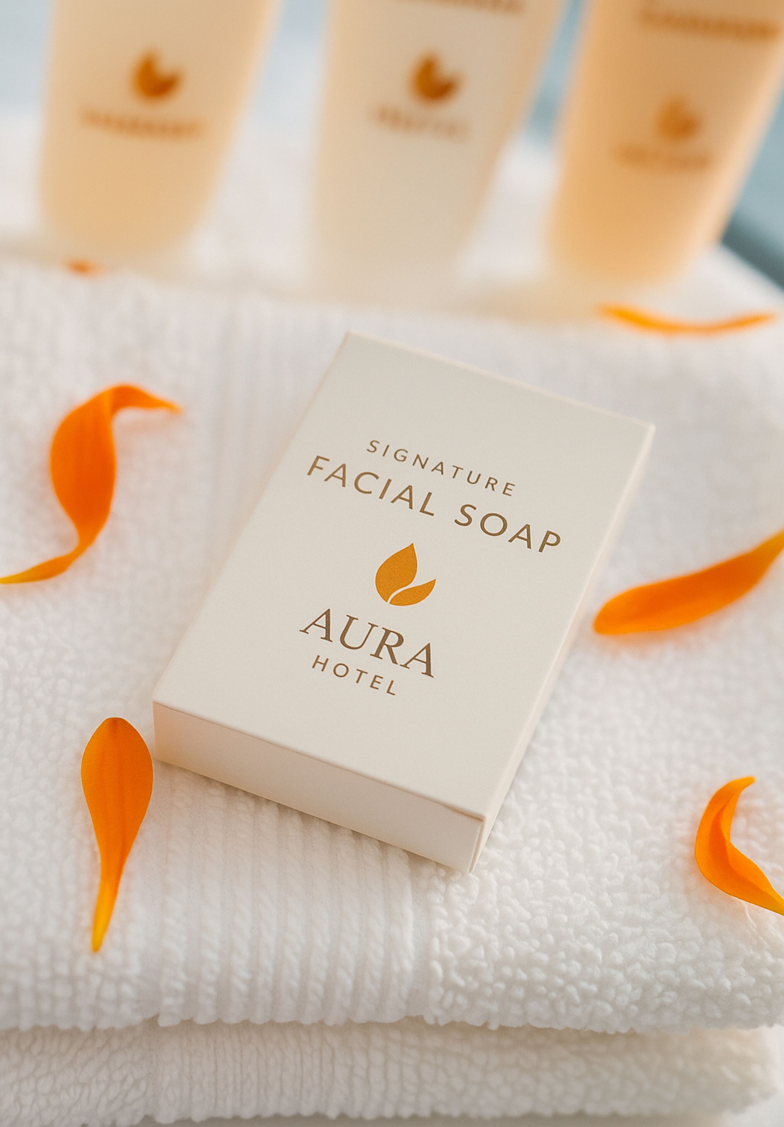 A box of Aura Hotel Signature Facial Soap with a white box and gold text, placed on a white towel with orange ribbons.