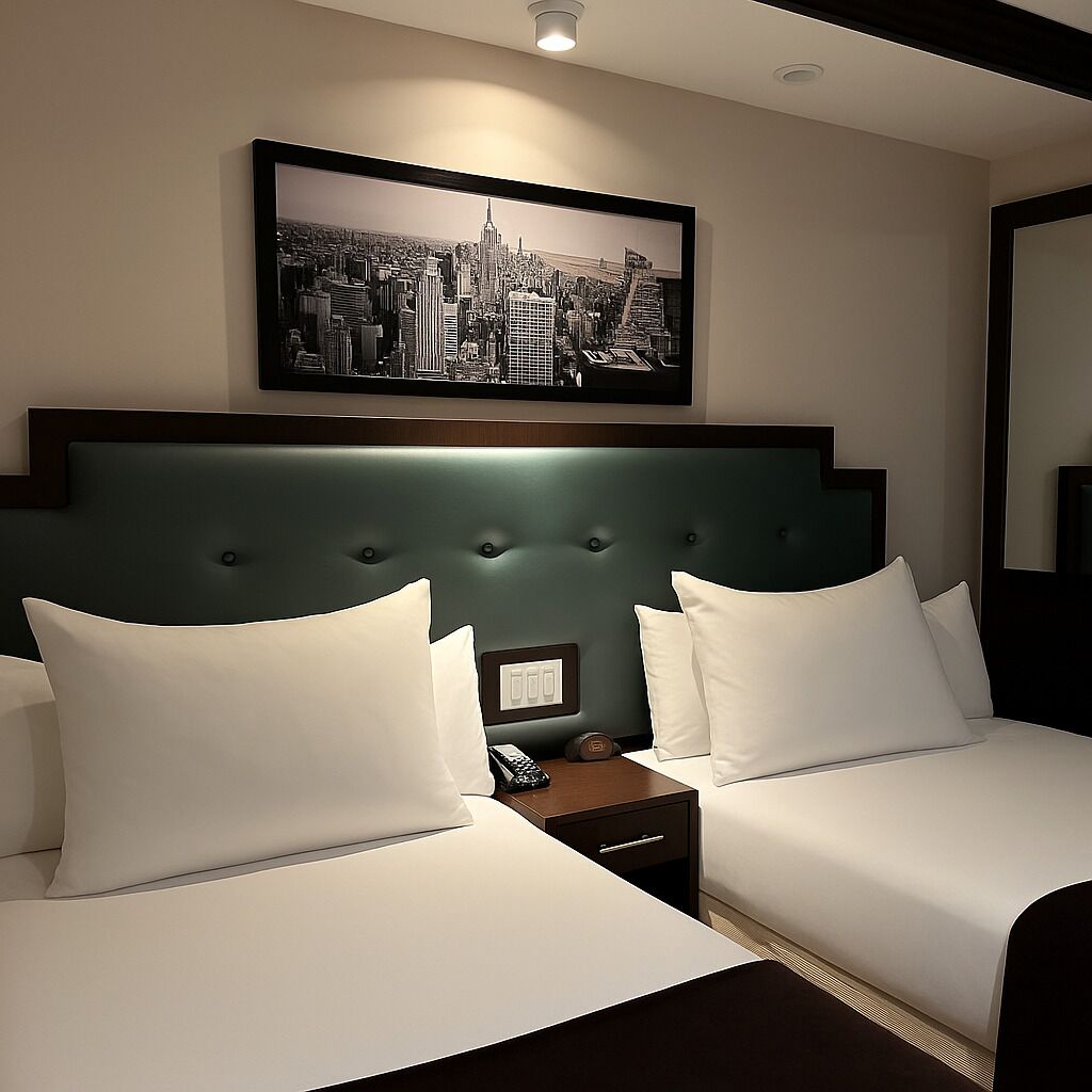 Een hotelkamer met twee bedden, een stadsgezichtschilderij boven het hoofdeinde, een nachtkastje met een telefoon en een spiegel aan de muur.