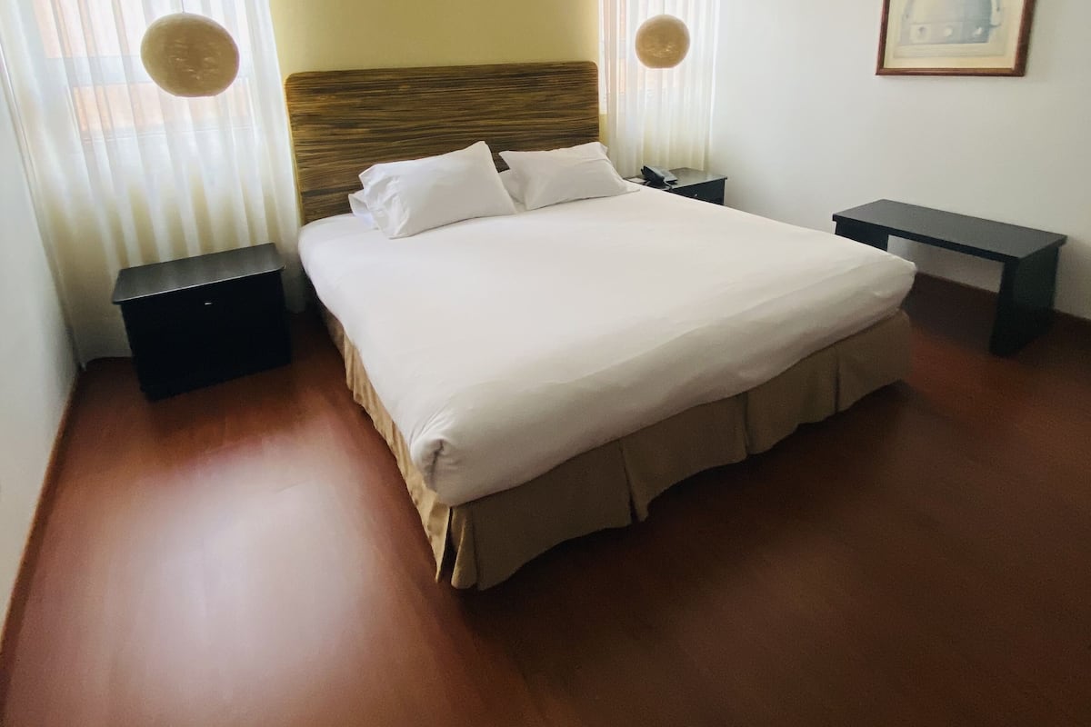 Habitación de hotel con una cama grande, dos mesitas de noche y un cuadro enmarcado en la pared.