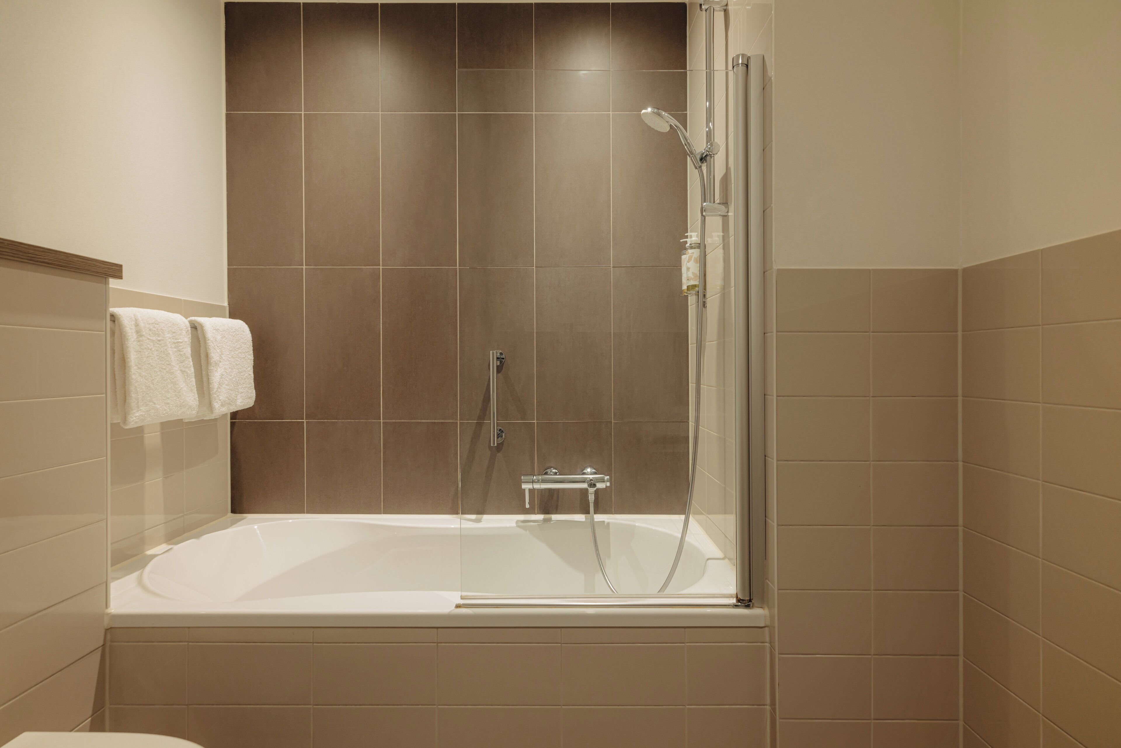 hair dryer, towels, soap, shampoo