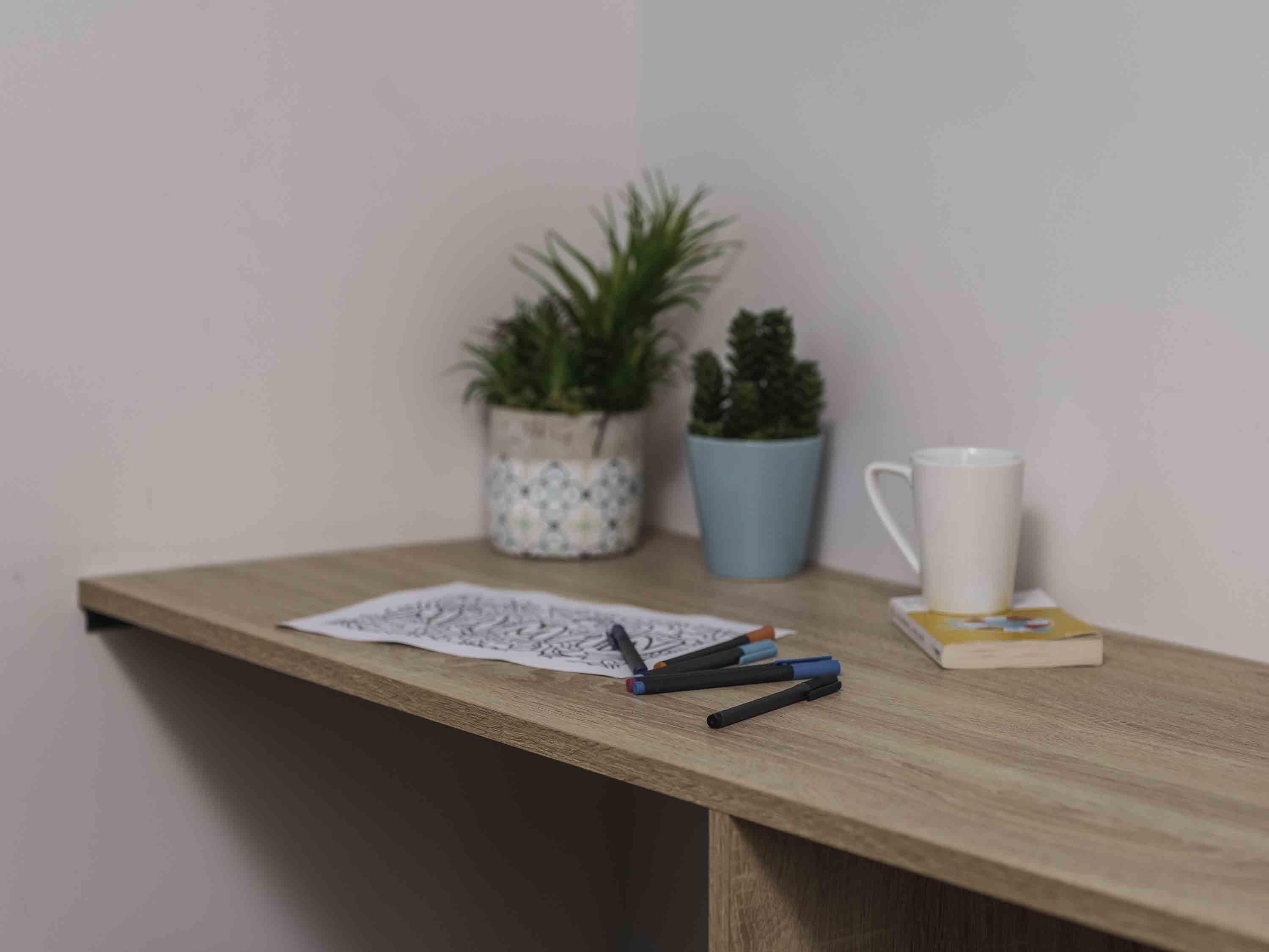 A wooden desk with a white mug, a blue potted plant, and a small white pot with another plant.