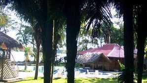 A grassy area with a pool, palm trees, and a building with a red roof.
