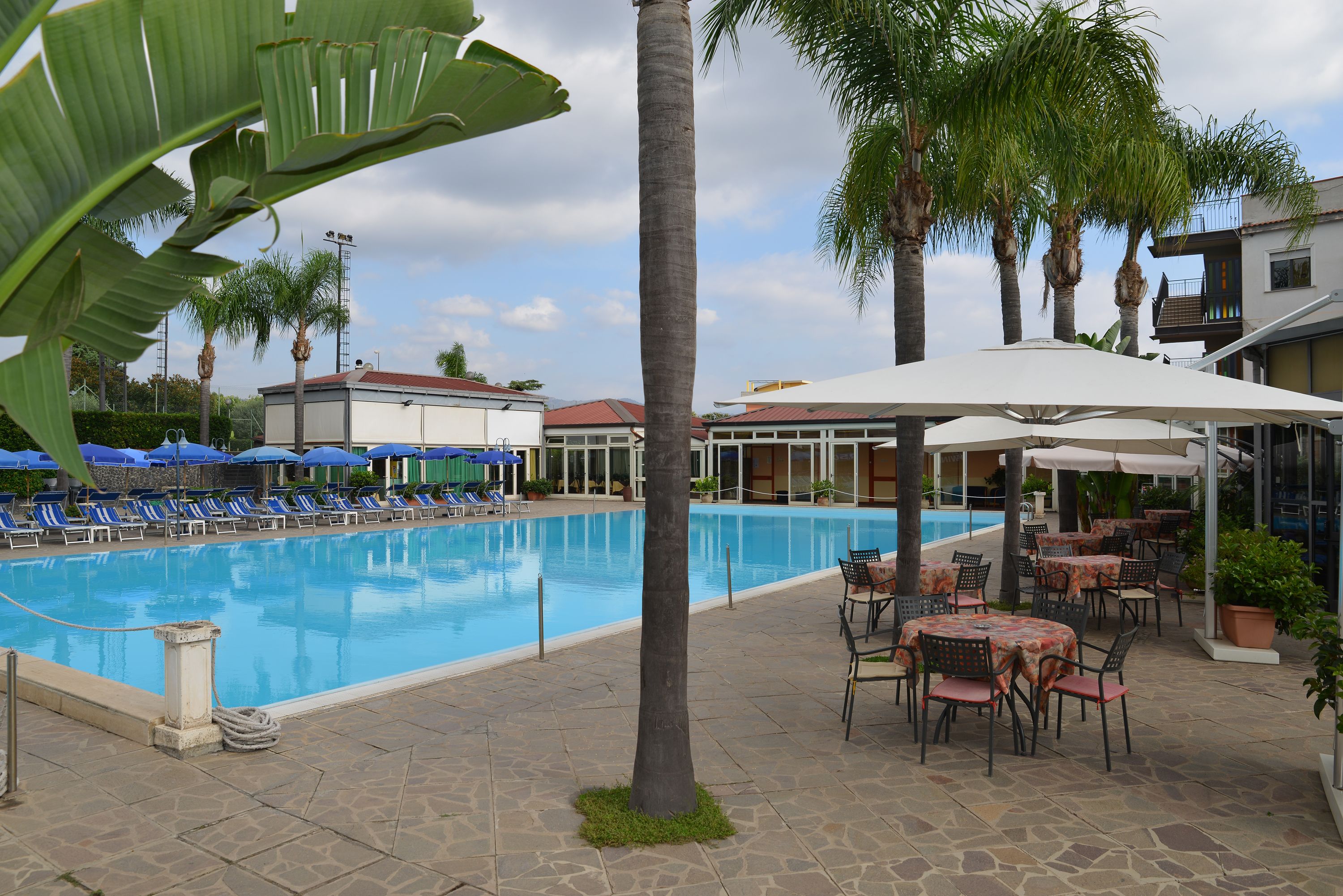 Ein Swimmingpool mit Liegestühlen und Sonnenschirmen, umgeben von Palmen und einer Terrassenfläche mit Tischen und Stühlen.