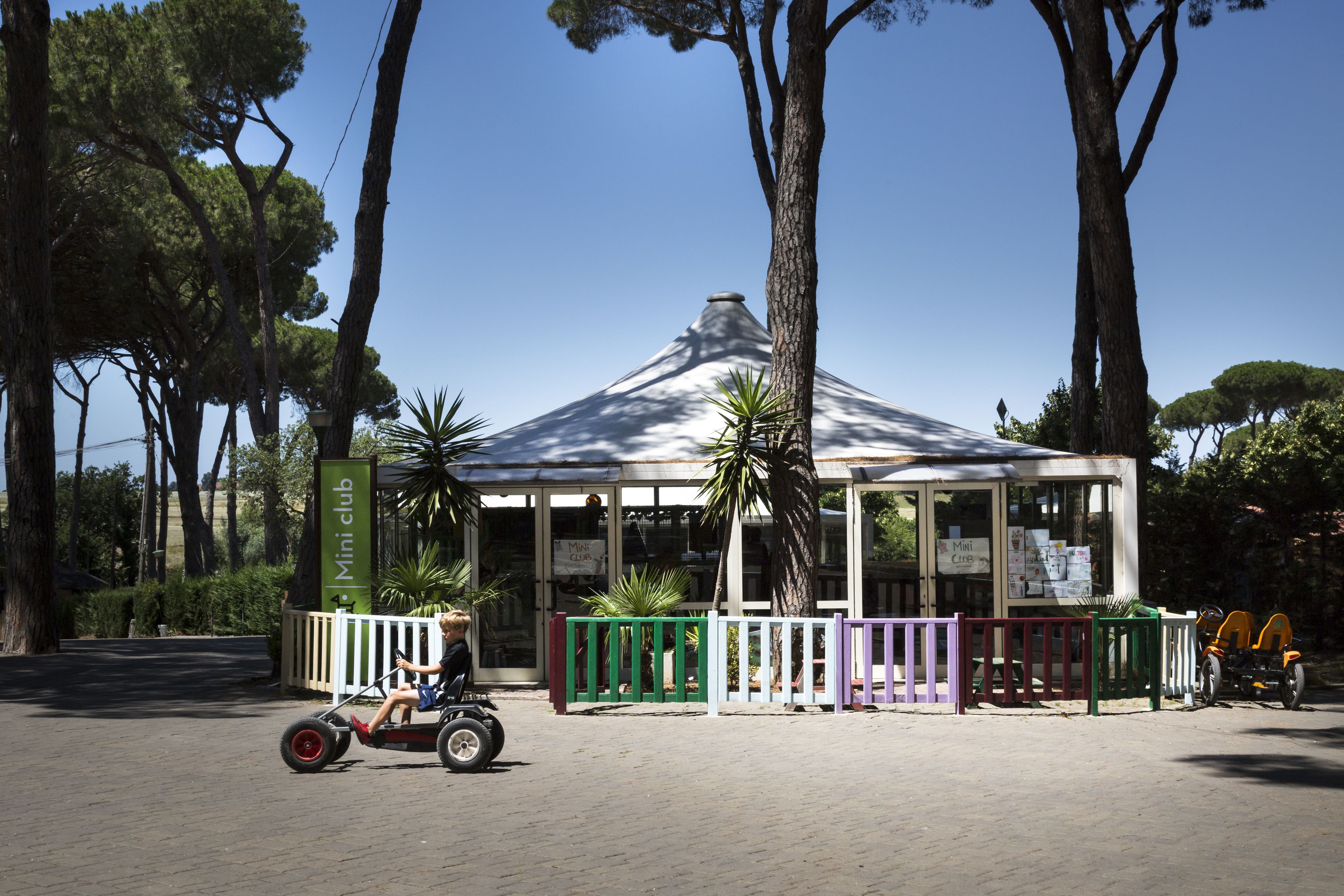 A gazebo with a glass roof, surrounded by a white fence and palm trees.