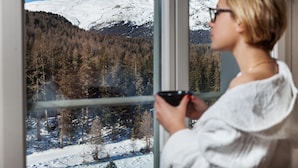 Una persona sosteniendo una copa de vino, mirando un paisaje montañoso nevado a través de una ventana.