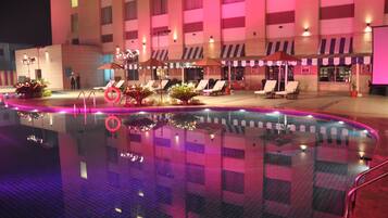 Outdoor pool, pool umbrellas, pool loungers