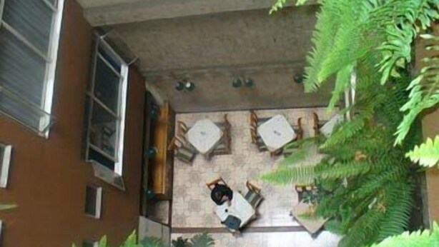 Ein Zimmer mit gefliestem Boden, einem Fenster und einer Pflanze.