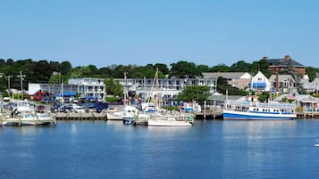 A marina with docked boats, a waterfront building, and a backdrop of residential houses.