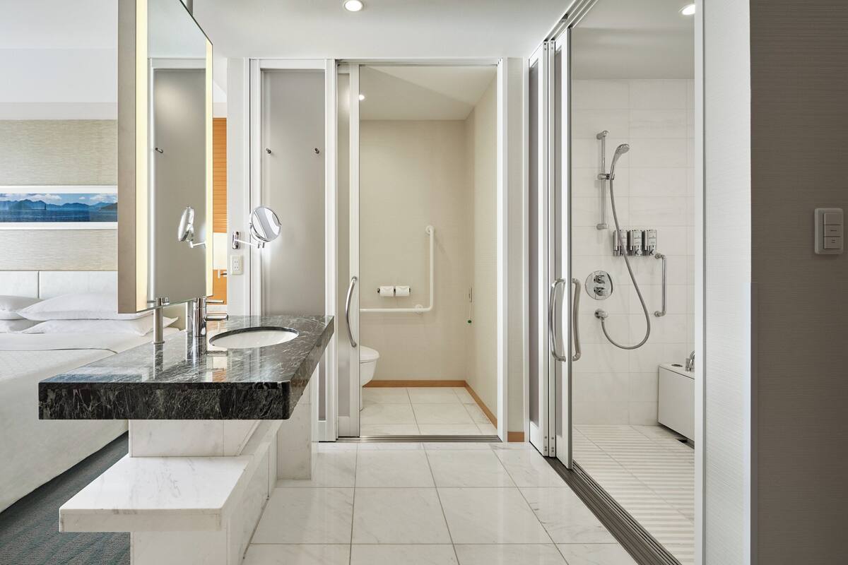 deluxe room, 1 king bed, non smoking | bathroom | combined shower/bathtub, deep-soaking bathtub, rainfall showerhead