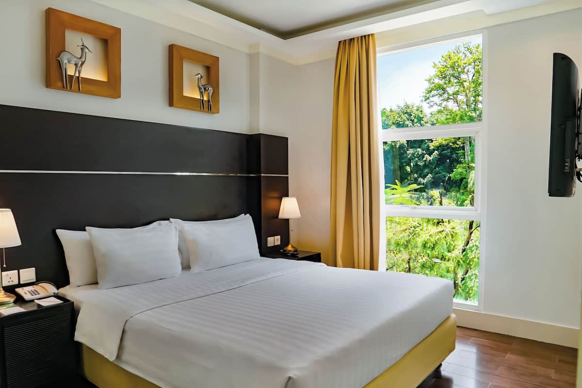 A hotel room with a large bed, two bedside tables with lamps, a telephone, and framed artwork on the wall.