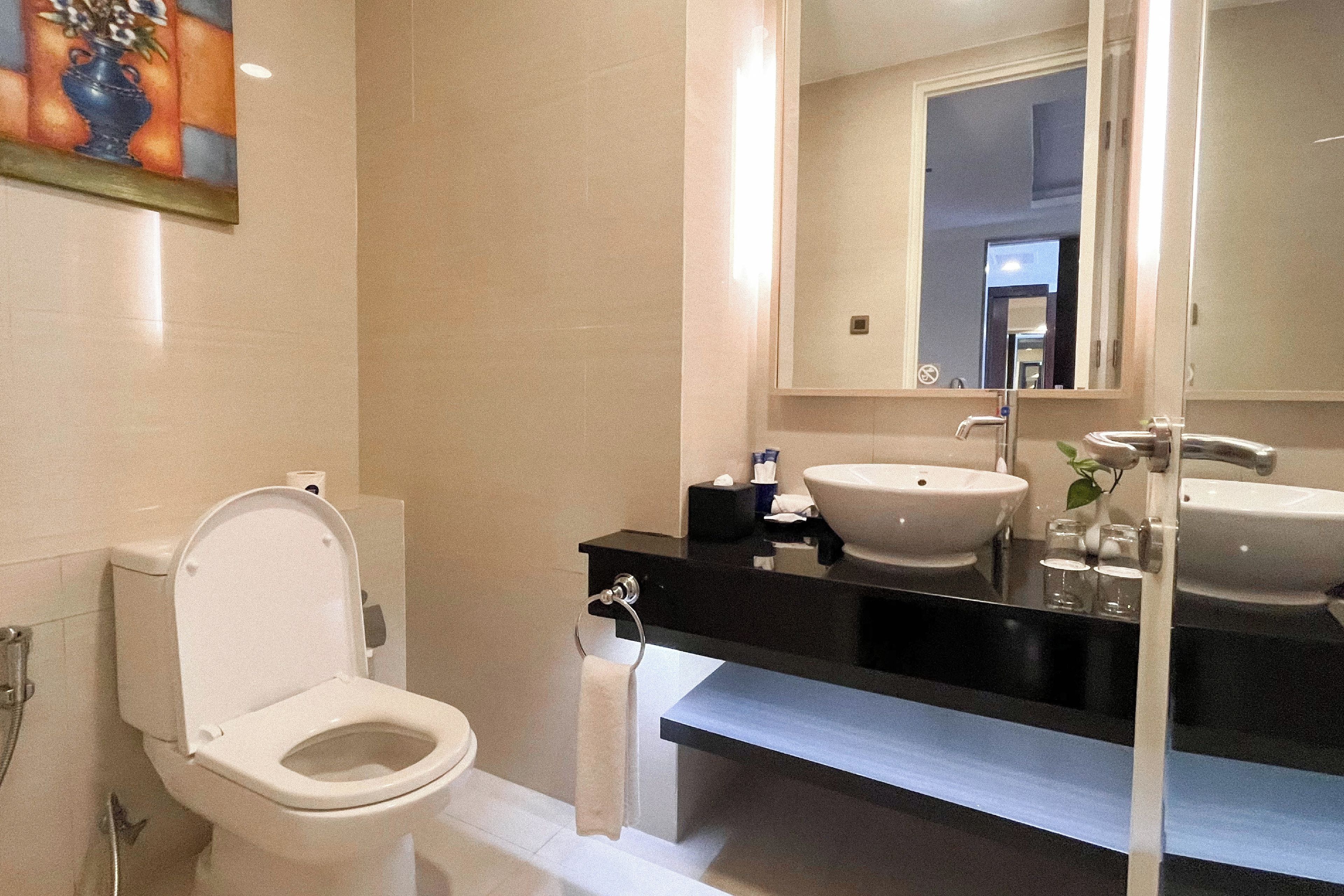 Une salle de bain moderne avec des toilettes, un lavabo et un miroir.