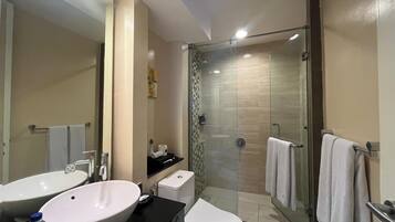 A modern bathroom with a glass-enclosed shower, a large white sink, and a toilet.