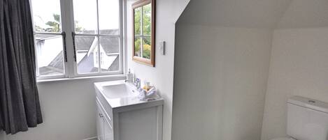 A bathroom with a white sink, a toilet, and a window with curtains.