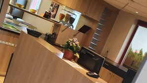 A modern kitchen with wooden cabinets, a black countertop, and a potted plant.