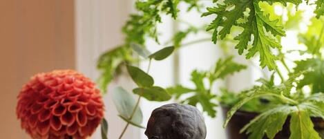 A bust sculpture on top of a stack of books, surrounded by greenery and a red flower.