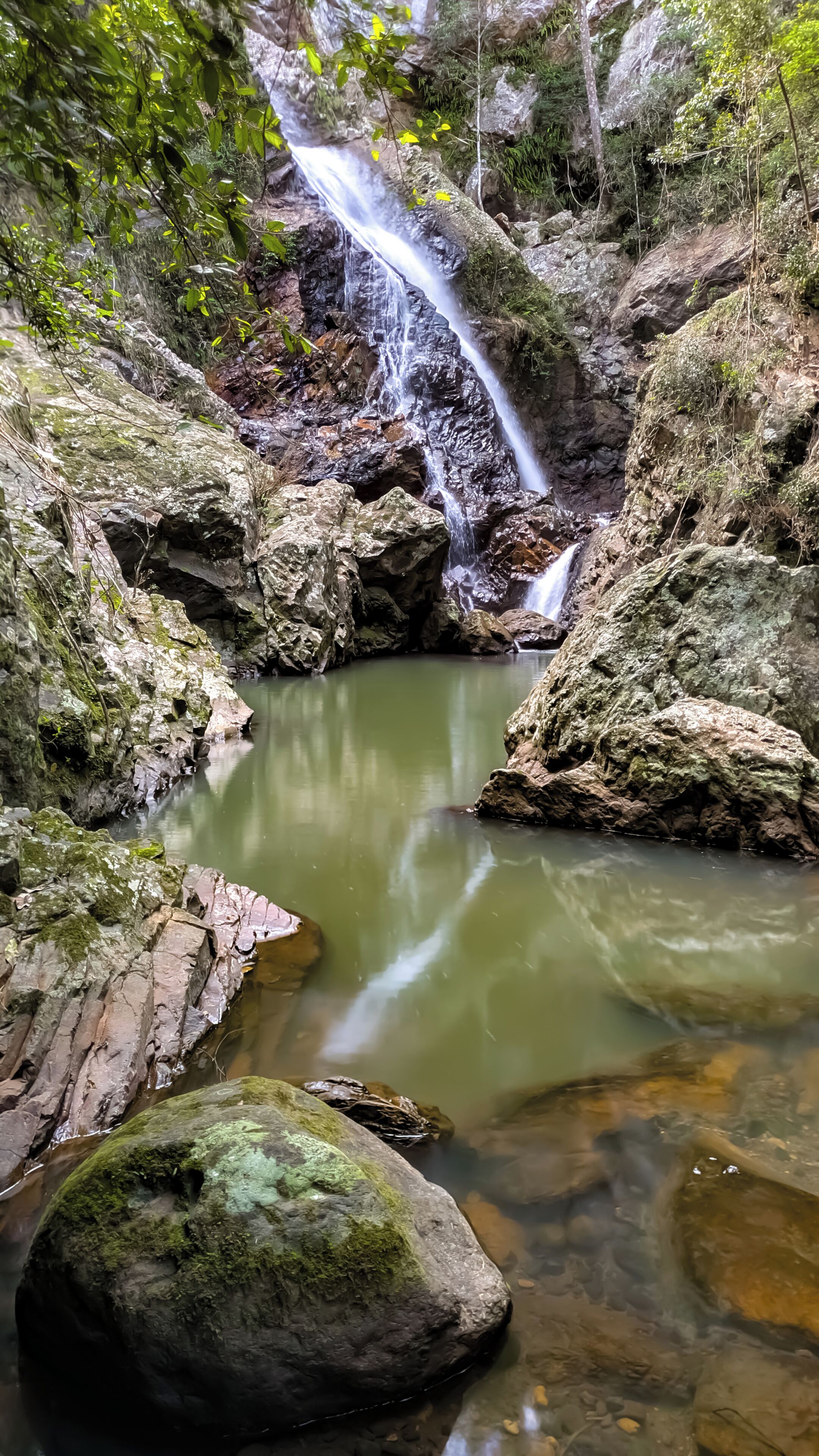 A natural waterfall in a forested area with a calm pool at the base.