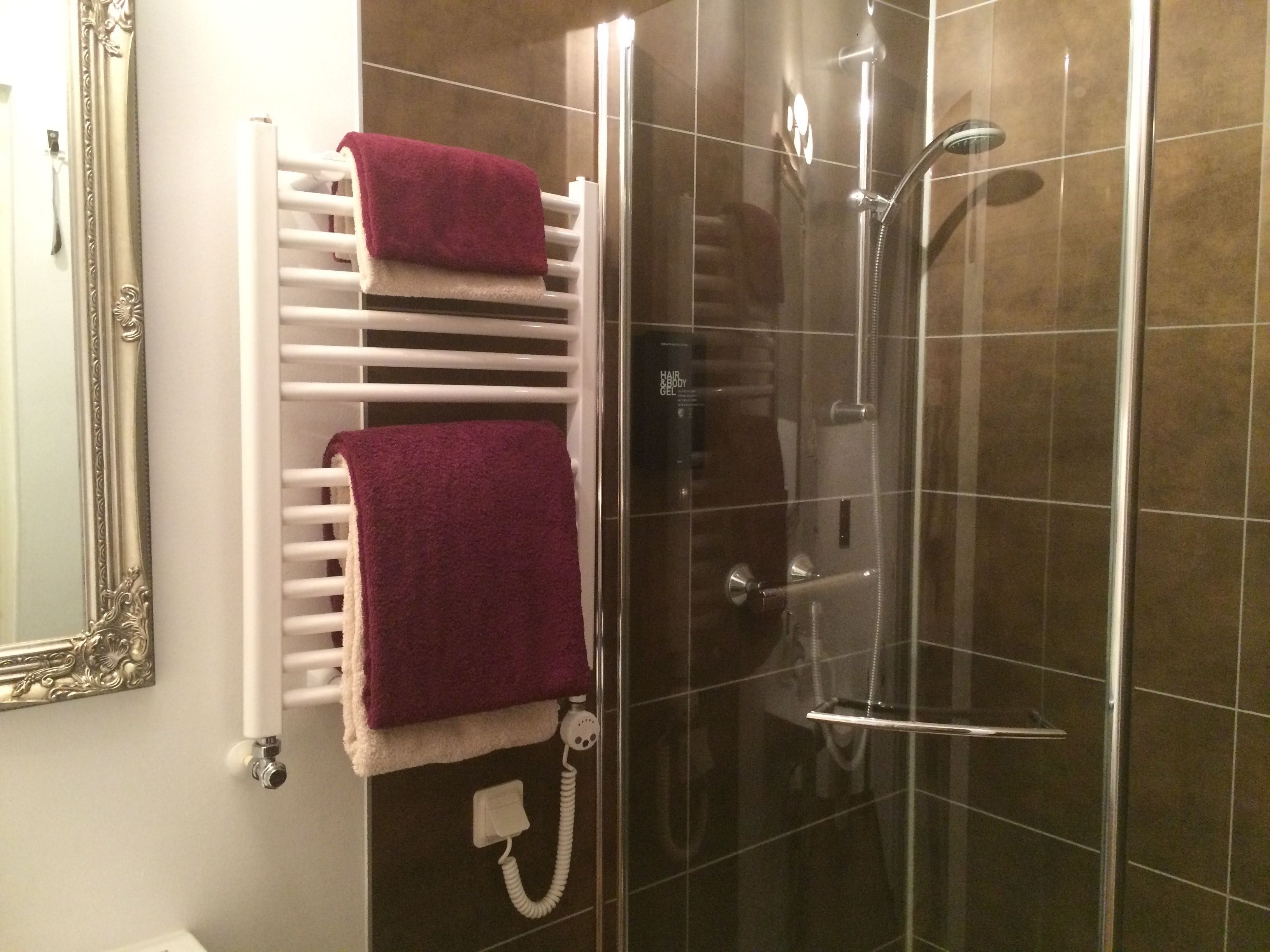 Een badkamer met een douche met glazen wand, een witte handdoekhouder met twee handdoeken en een spiegel met een decoratief lijstwerk.